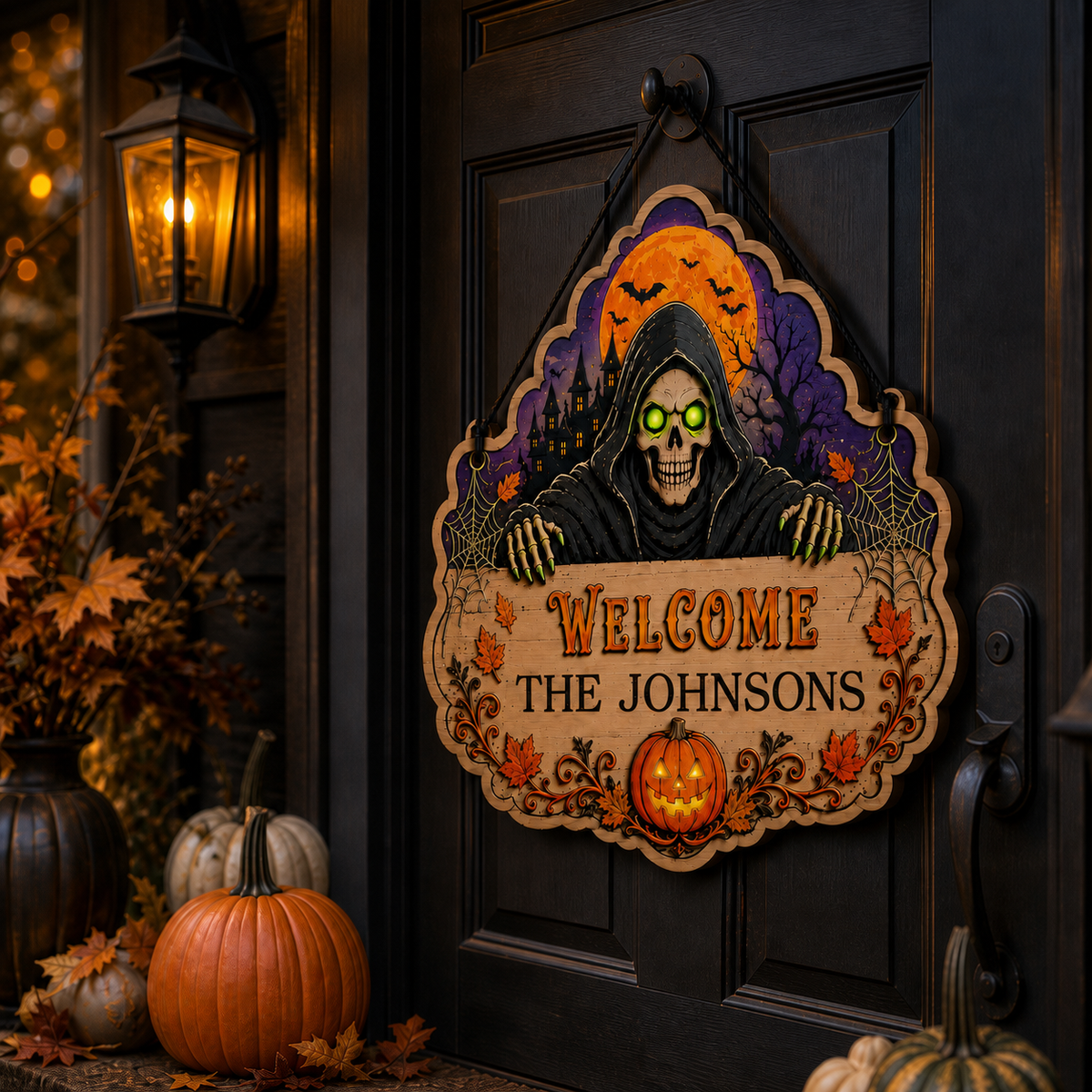 Personalized Grim Reaper Halloween Wooden Door Sign