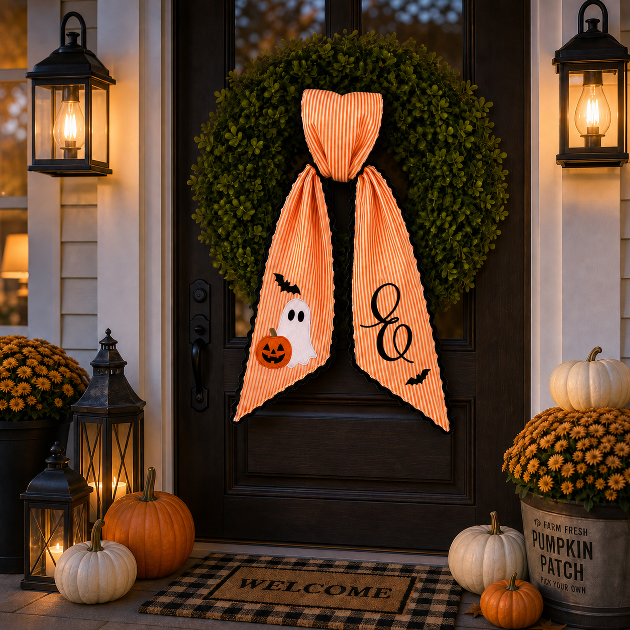 Personalized Halloween Ghost & Bat Embroidered Wreath Sash