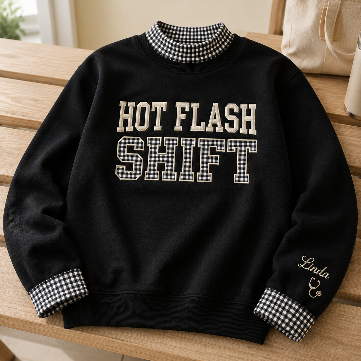 Hot Flash Shift Nurse Embroidery Sweatshirt Gingham