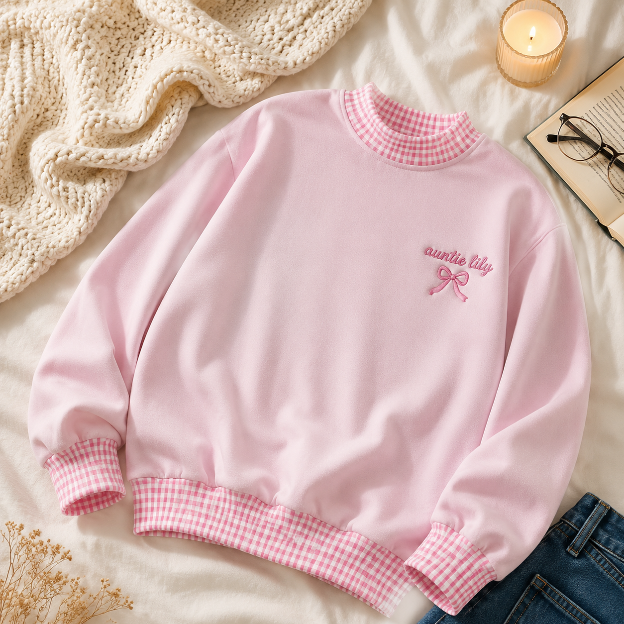 Sweet Personalized Auntie Sweatshirt for New Aunts with Gingham Trim