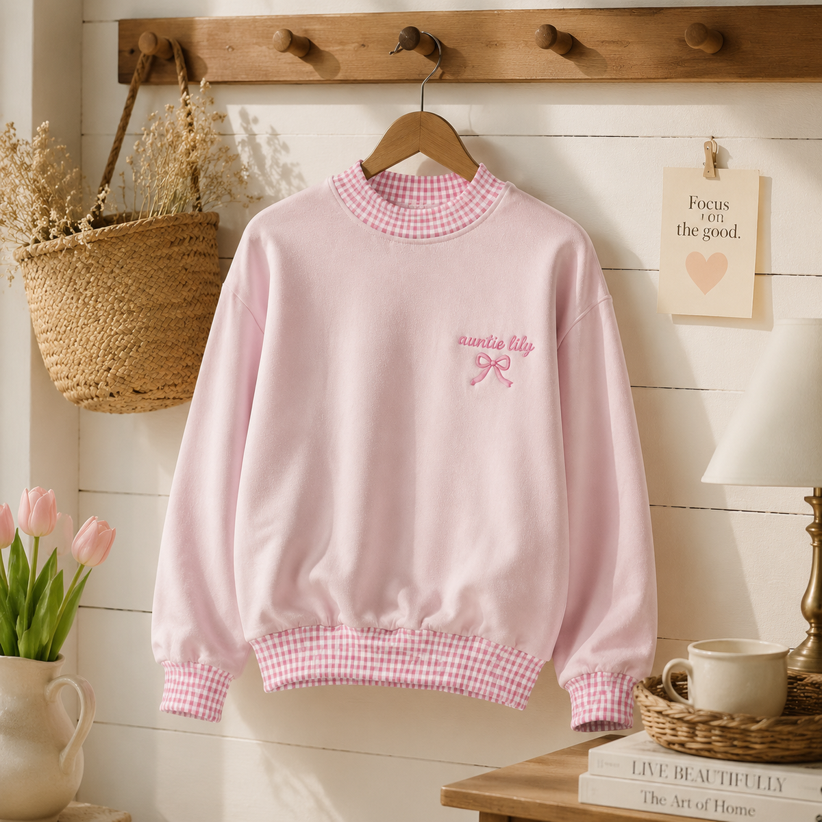 Sweet Personalized Auntie Sweatshirt for New Aunts with Gingham Trim