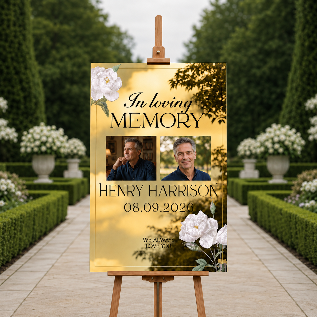 Personalized White Rose Gold Mirror Double Photo Memorial Sign