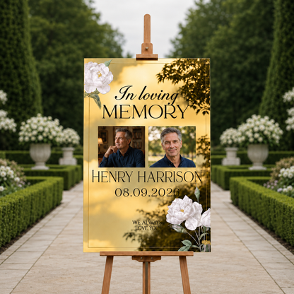 Personalized White Rose Gold Mirror Double Photo Memorial Sign