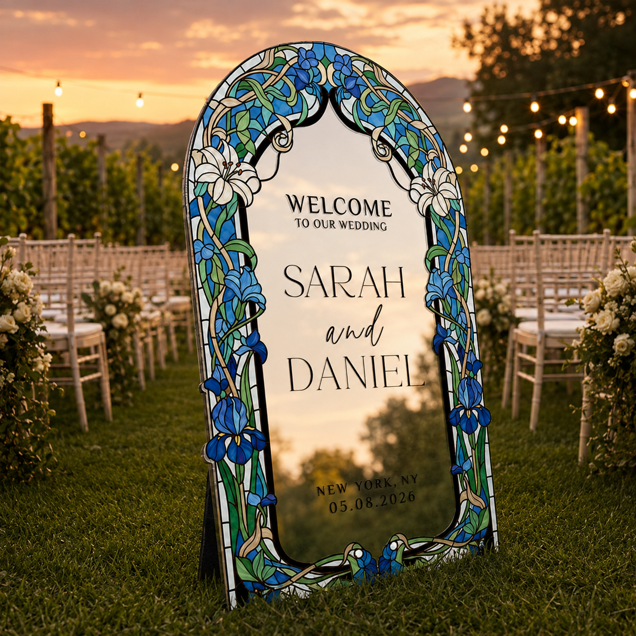 Personalized Blue Iris Stained Glass Wedding Welcome Sign