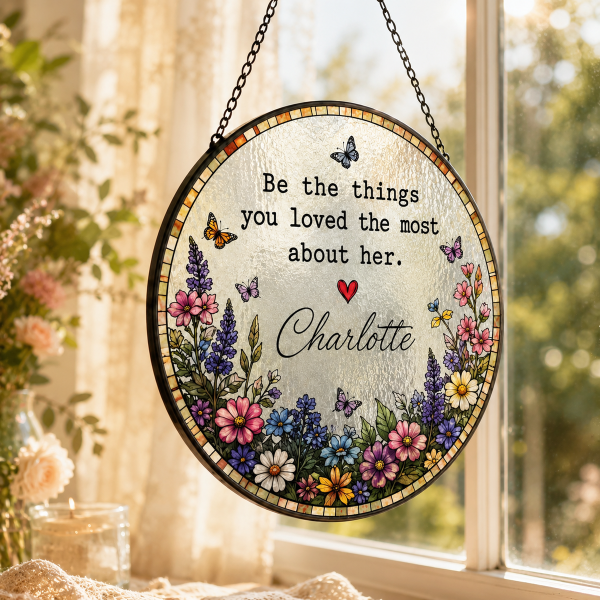 Personalized Memorial Floral Stained Glass Suncatcher