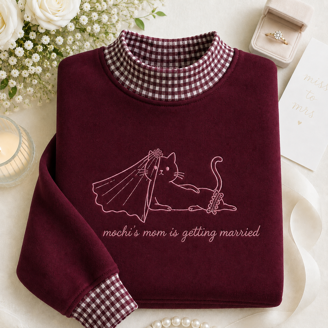 Personalized Cat Mom Getting Married Gingham Mockneck Sweatshirt