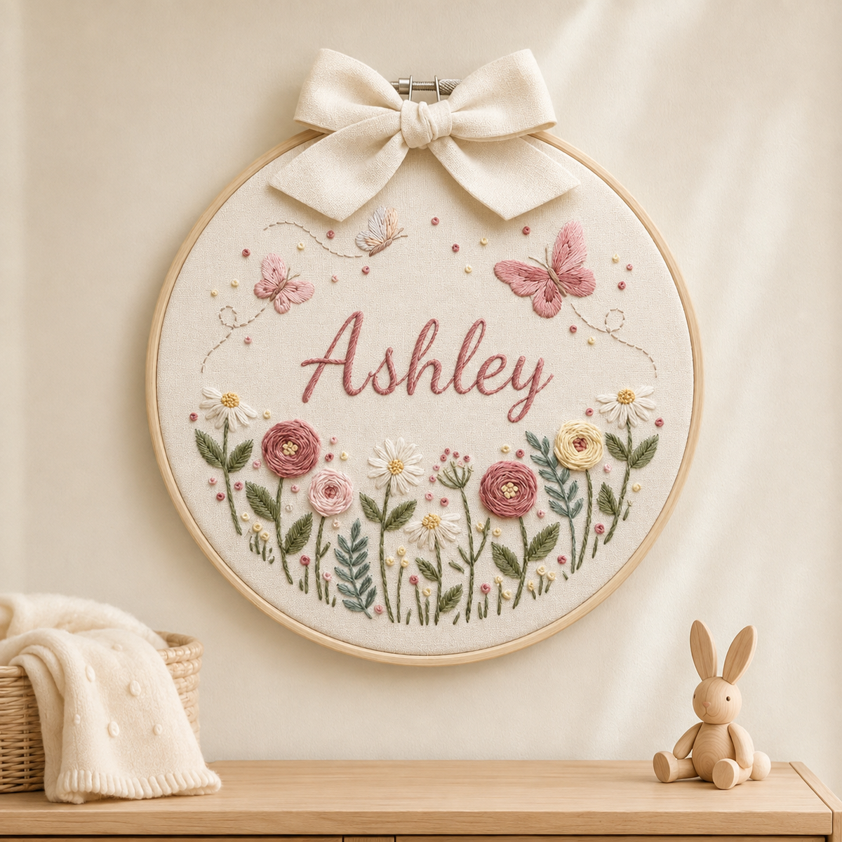 Personalized Butterfly Floral Baby Name Embroidery Hoop