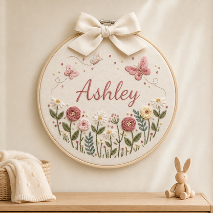 Personalized Butterfly Floral Baby Name Embroidery Hoop