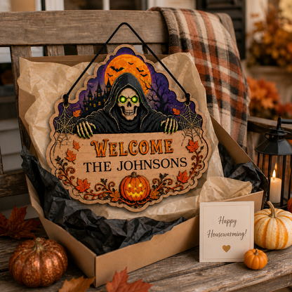 Personalized Grim Reaper Halloween Wooden Door Sign