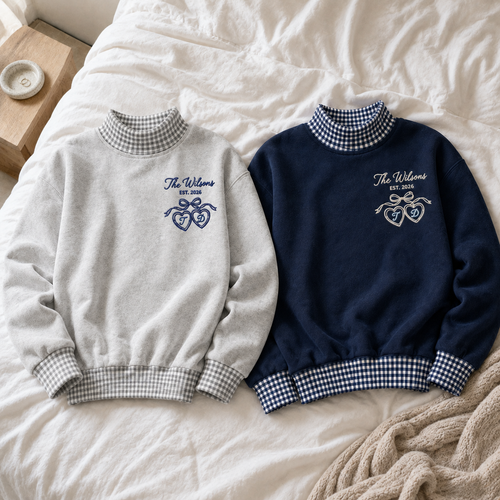 Sweet Personalized Gingham Sweatshirt for Newlyweds with Family Name