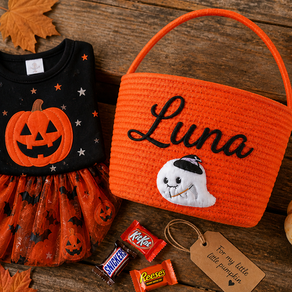 Personalized Embroidered Halloween Ghost Trick or Treat Basket