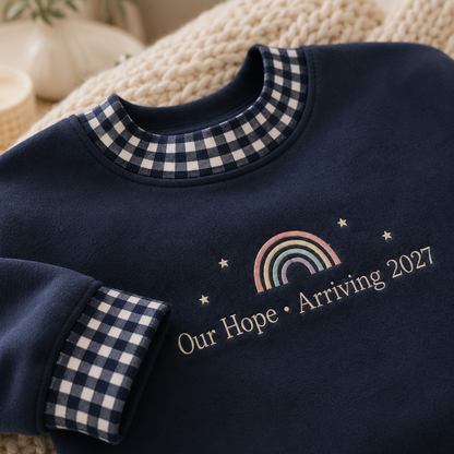 Personalized Rainbow Baby Announcement Gingham Mockneck Sweatshirt