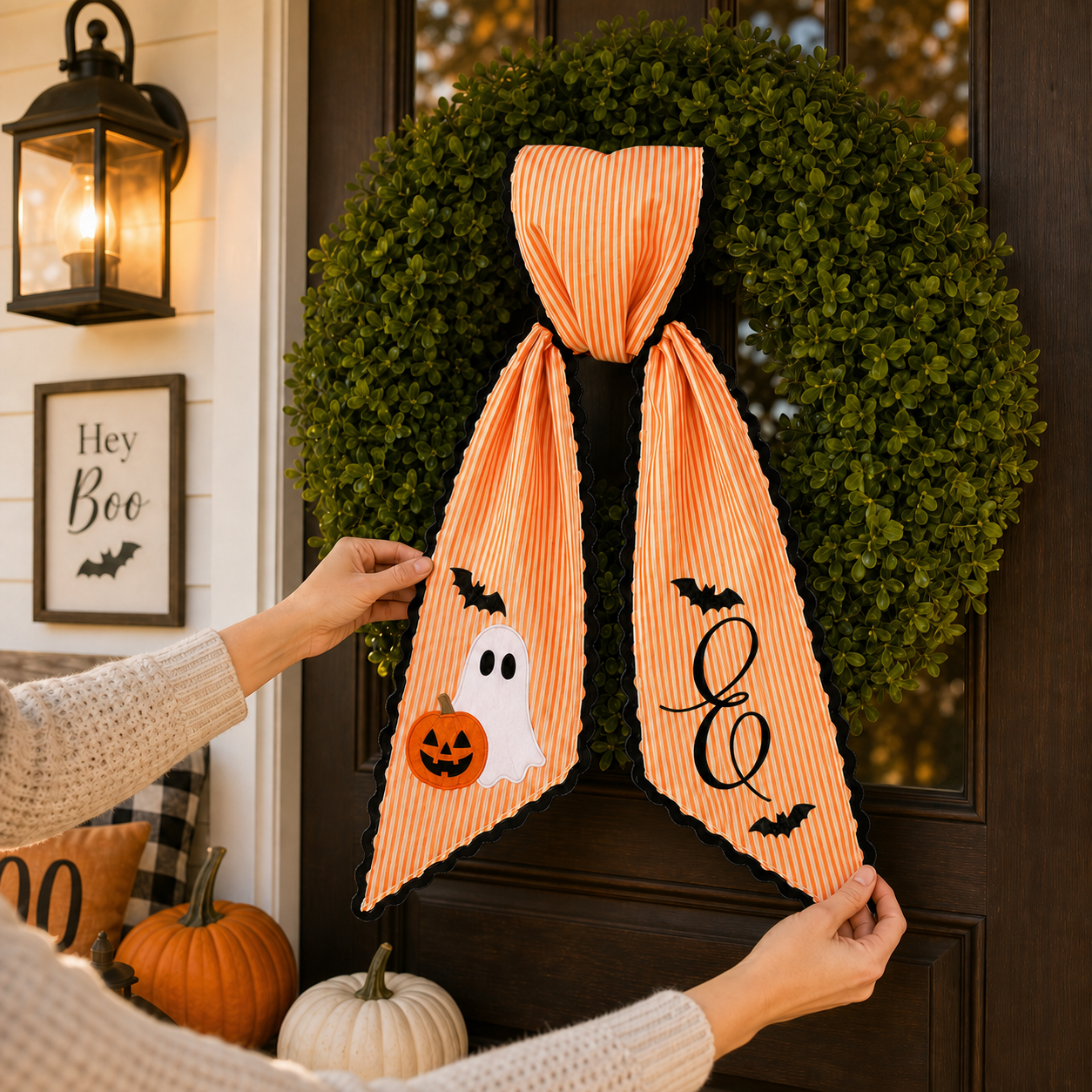 Personalized Halloween Ghost & Bat Embroidered Wreath Sash