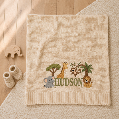 Personalized Safari Jungle Knit Baby Blanket with Embroidered Name