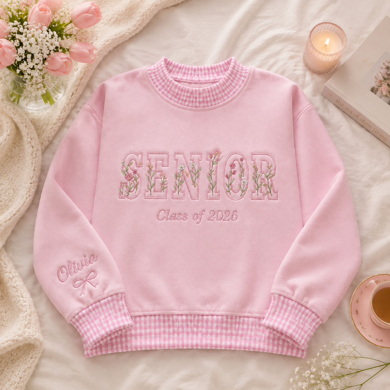 Personalized Senior Sweatshirt Class of 2026 pink gingham embroidery mockneck