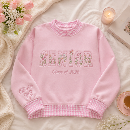 Personalized Senior Sweatshirt Class of 2026 pink gingham embroidery mockneck