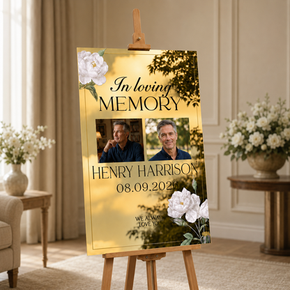 Personalized White Rose Gold Mirror Double Photo Memorial Sign