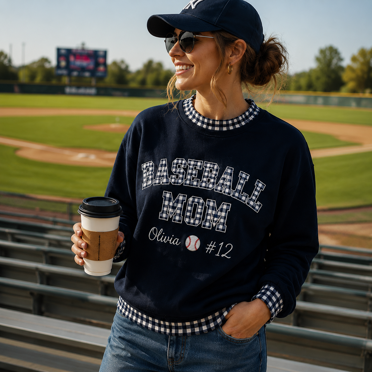 Personalized baseball mom sweatshirt worn at baseball field