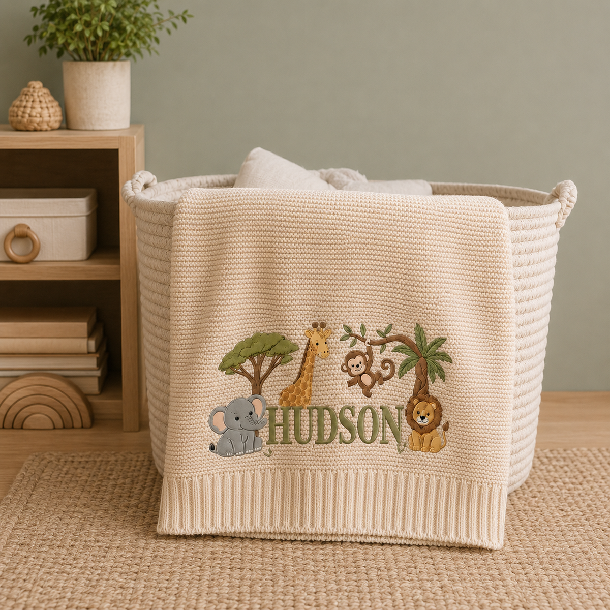 Personalized Safari Jungle Knit Baby Blanket with Embroidered Name