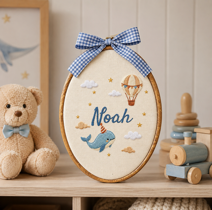 Personalized Whale & Hot Air Balloon Baby Name Embroidery Hoop