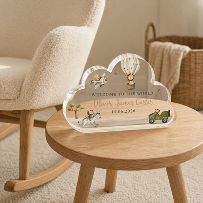 Personalized Safari Cloud Acrylic Newborn Keepsake – Name & Birth Date