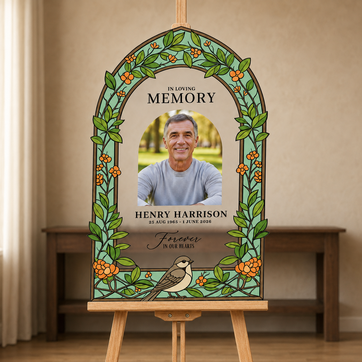 Personalized Sparrow and Orange Blossom Acrylic Memorial Photo Sign