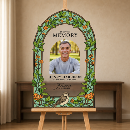 Personalized Sparrow and Orange Blossom Acrylic Memorial Photo Sign