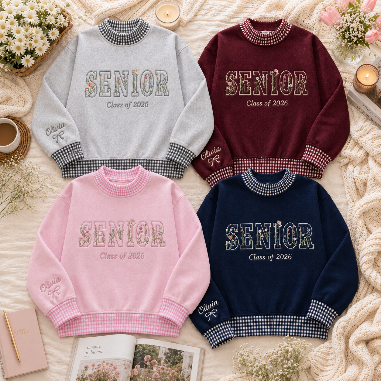 Class of 2026 senior sweatshirt color options with gingham embroidery
