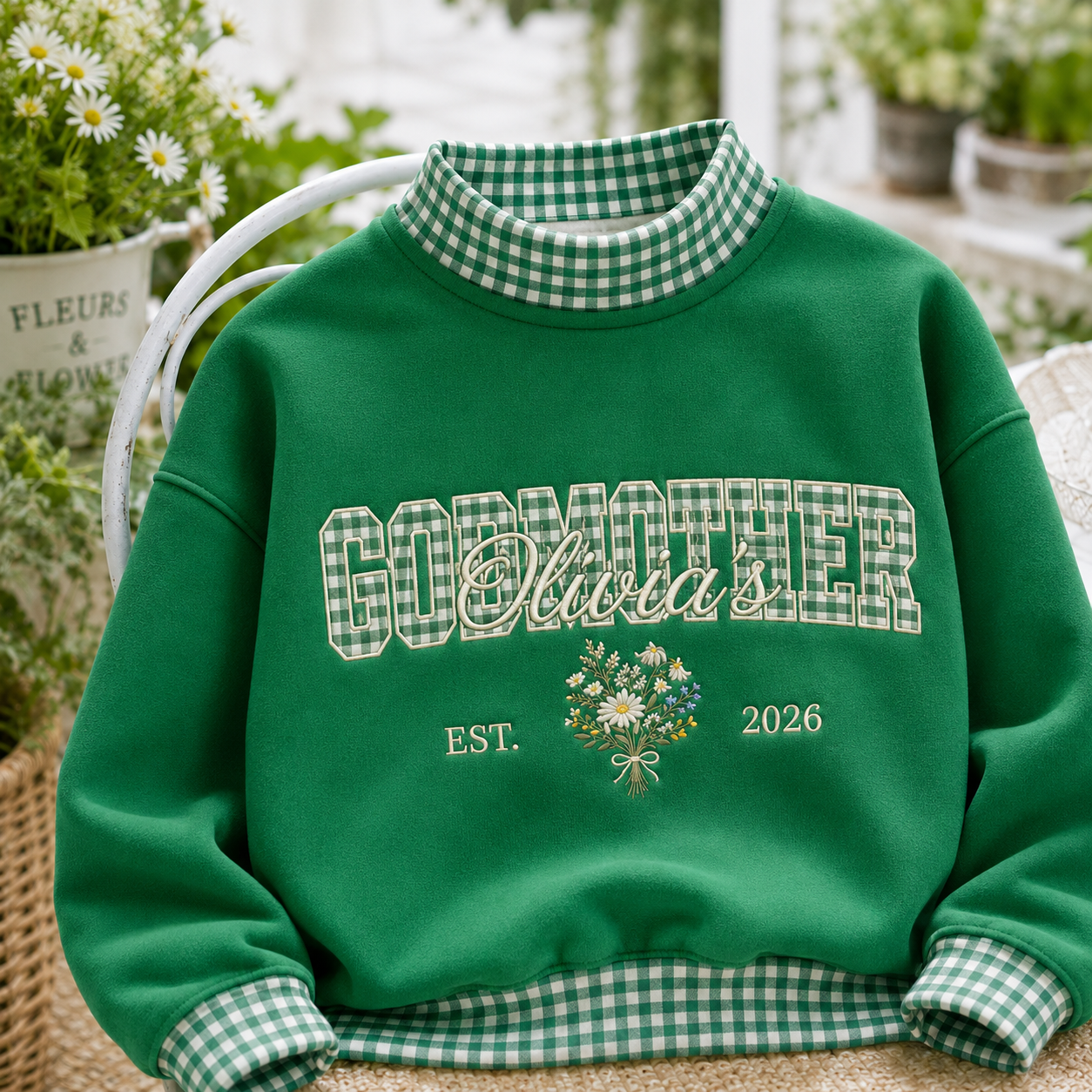 Charming Personalized Godmother Sweatshirt Gingham Mockneck