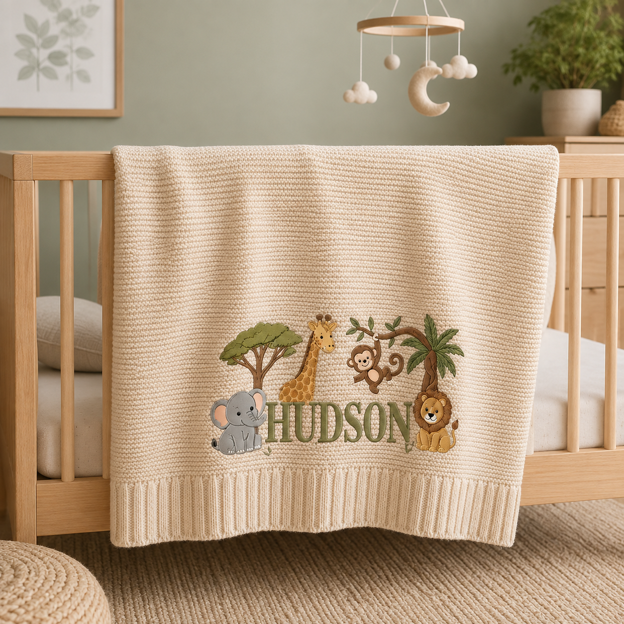 Personalized Safari Jungle Knit Baby Blanket with Embroidered Name