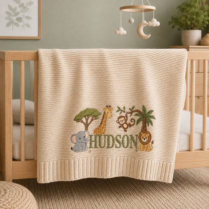 Personalized Safari Jungle Knit Baby Blanket with Embroidered Name