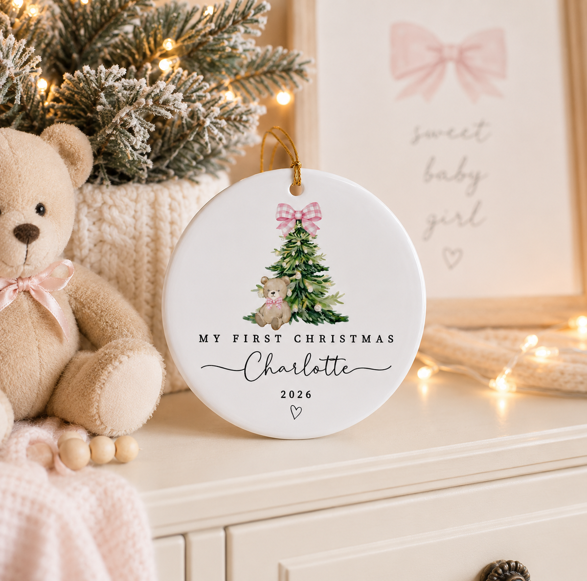 Personalized Baby Girl First Christmas Ceramic Ornament
