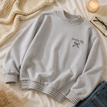 Sweet Personalized Auntie Sweatshirt for New Aunts with Gingham Trim