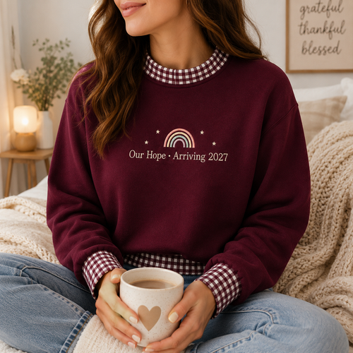 Personalized Rainbow Baby Announcement Gingham Mockneck Sweatshirt