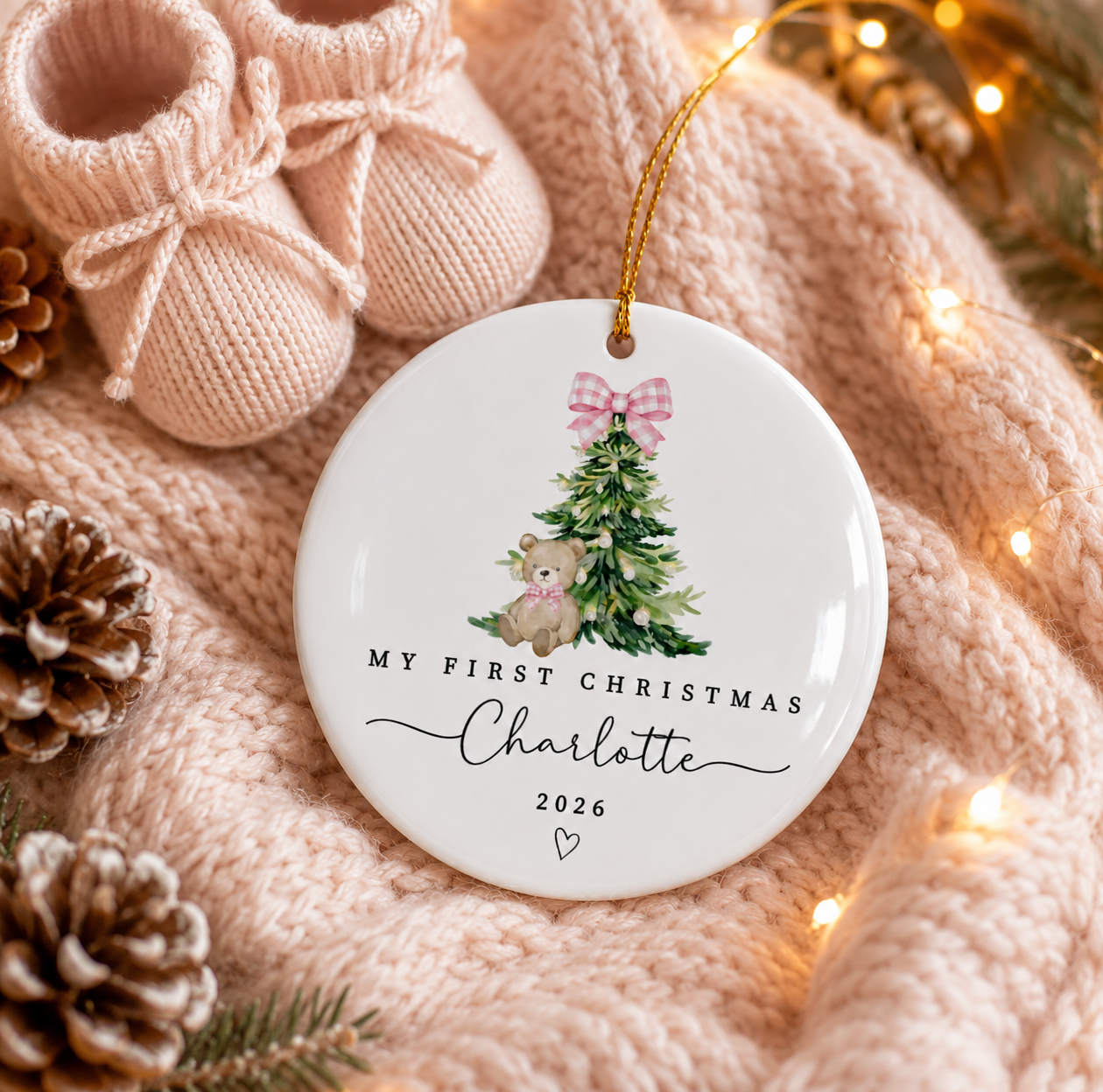 Personalized Baby Girl First Christmas Ceramic Ornament