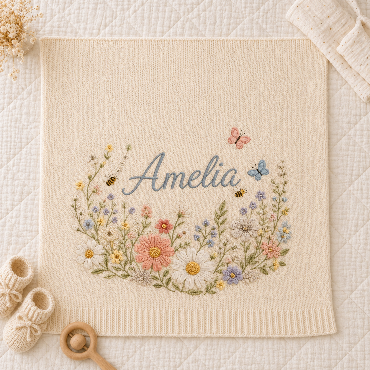 Personalized Wildflower Meadow Embroidered Baby Knit Blanket with Bees & Butterflies
