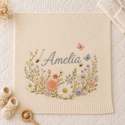 Personalized Wildflower Meadow Embroidered Baby Knit Blanket with Bees & Butterflies