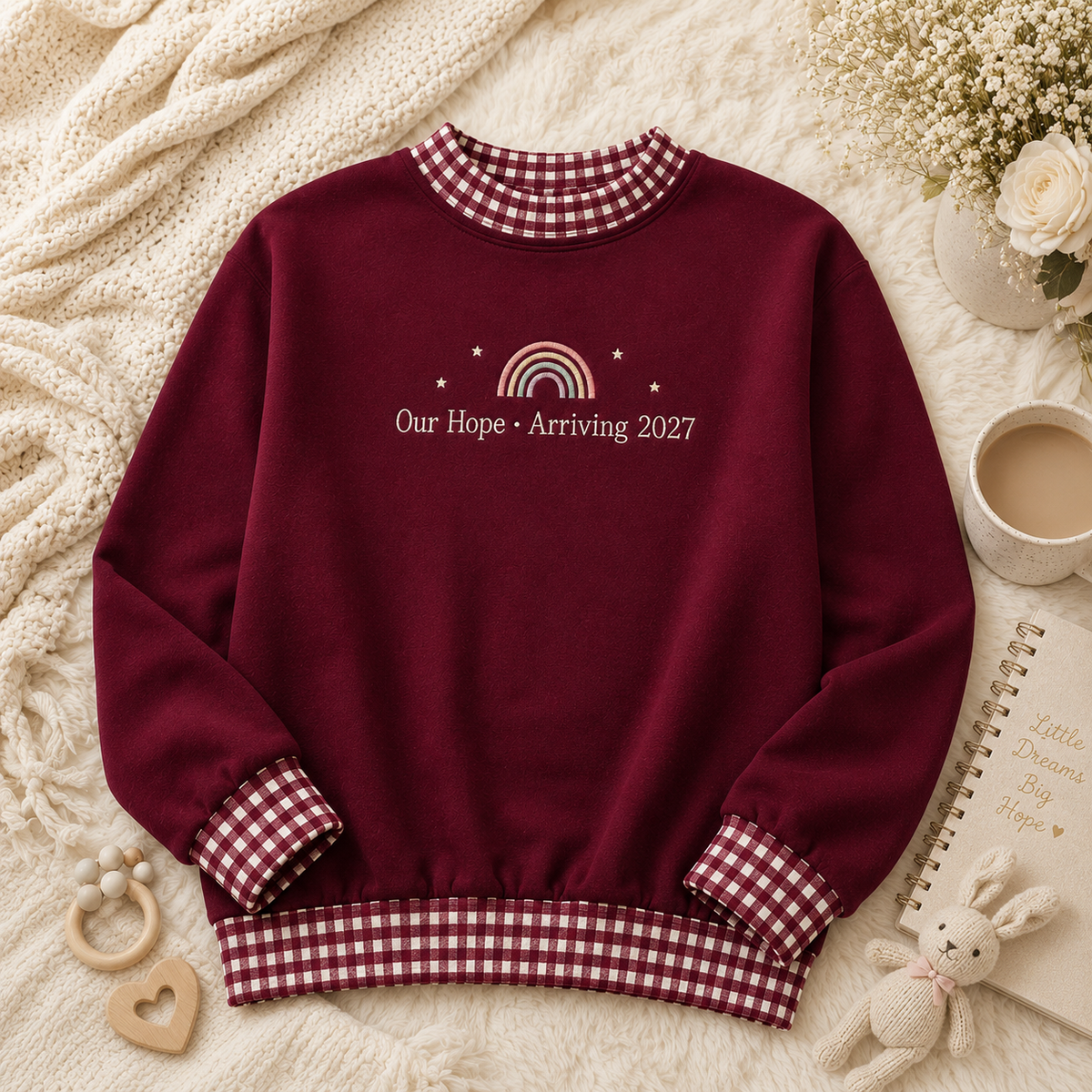 Personalized Rainbow Baby Announcement Gingham Mockneck Sweatshirt