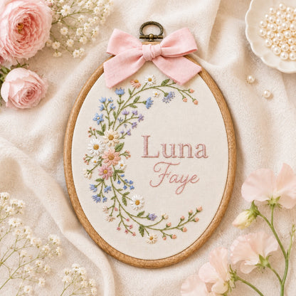 Personalized Oval Embroidery Hoop with Baby Floral