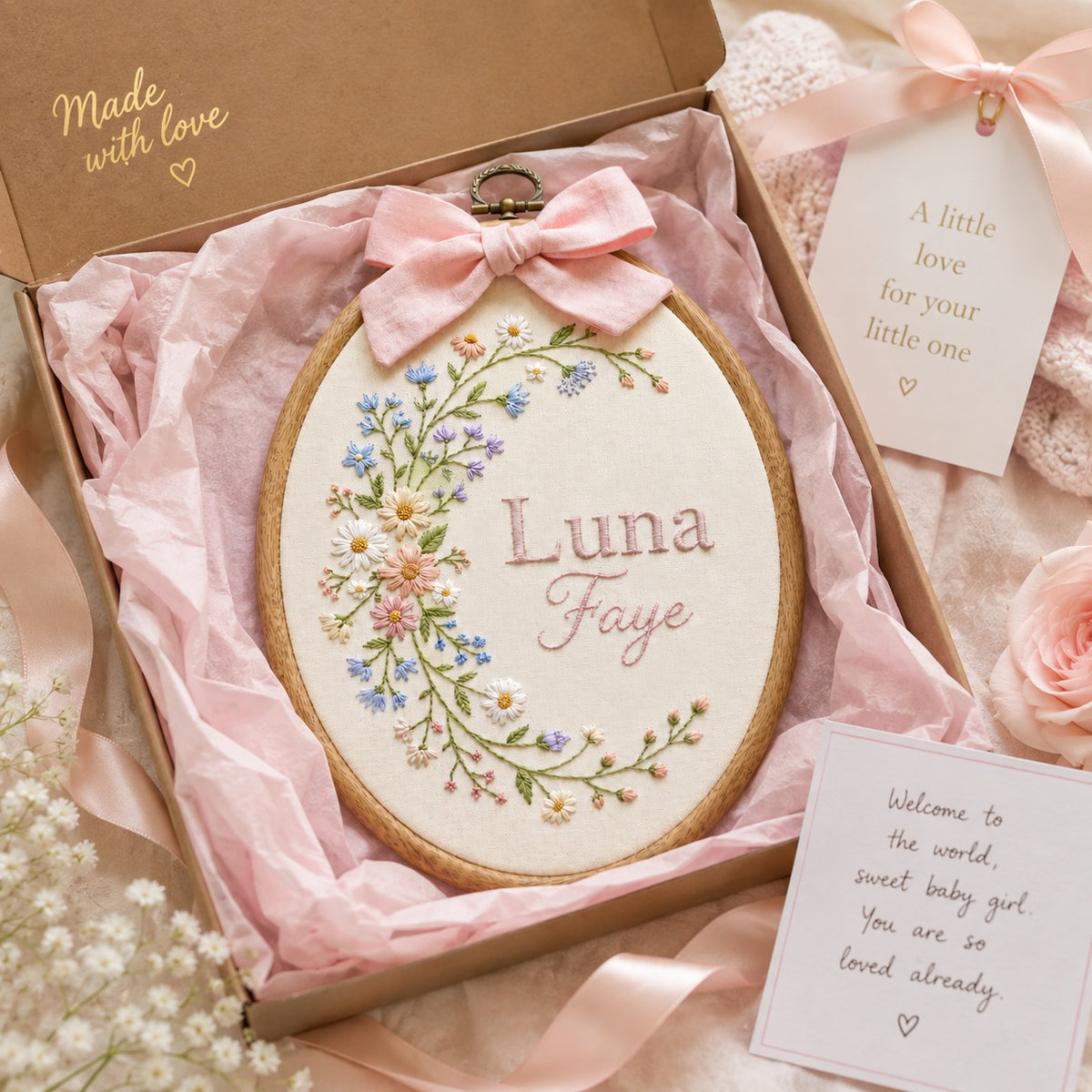 Personalized Oval Embroidery Hoop with Baby Floral