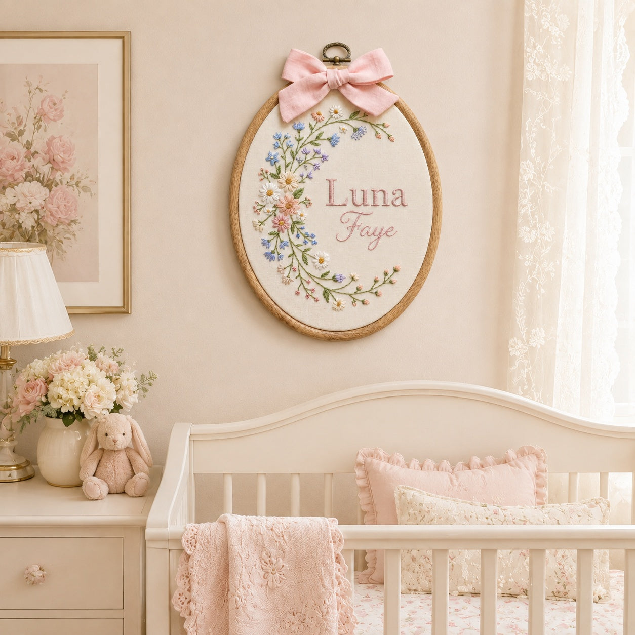 Personalized Oval Embroidery Hoop with Baby Floral