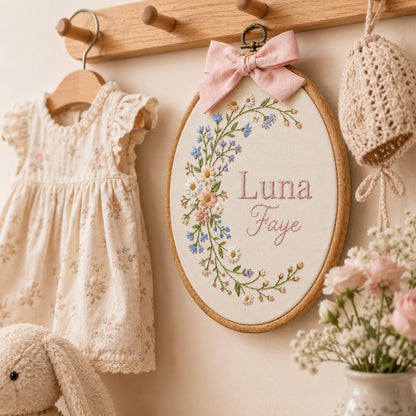 Personalized Oval Embroidery Hoop with Baby Floral