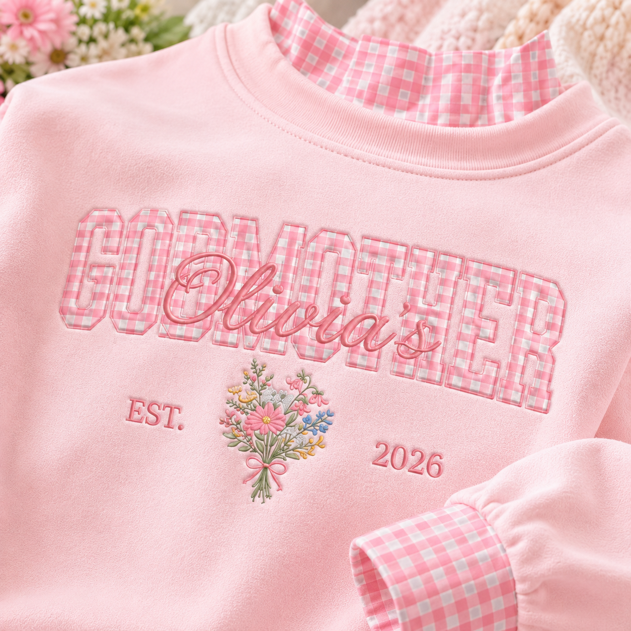 Charming Personalized Godmother Sweatshirt Gingham Mockneck