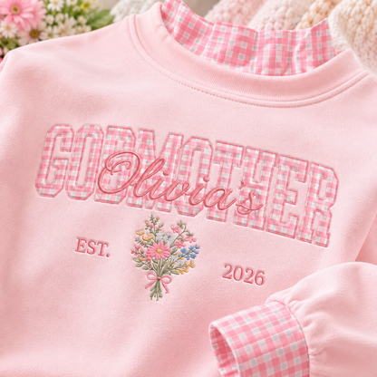 Charming Personalized Godmother Sweatshirt Gingham Mockneck