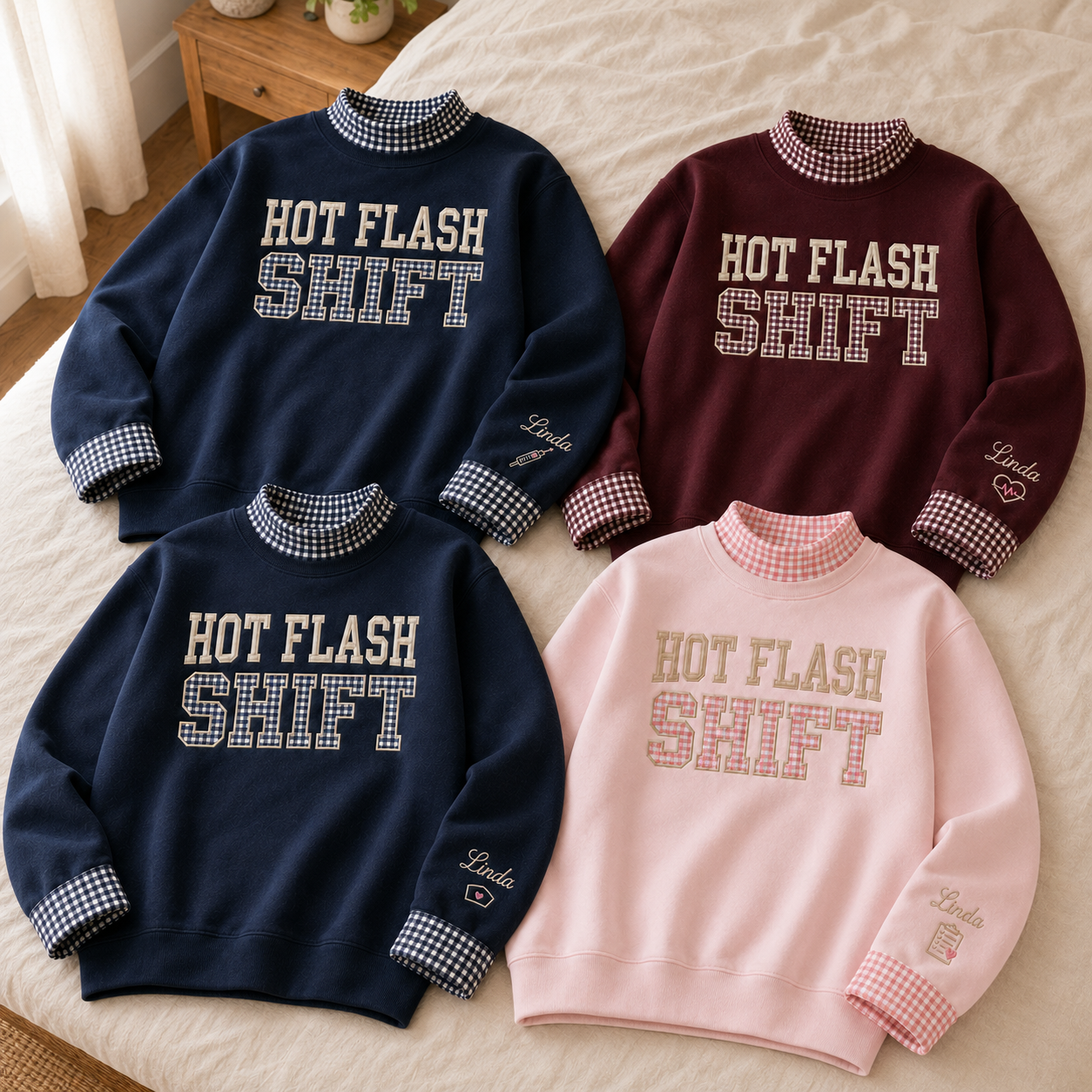 Hot Flash Shift Nurse Embroidery Sweatshirt Gingham