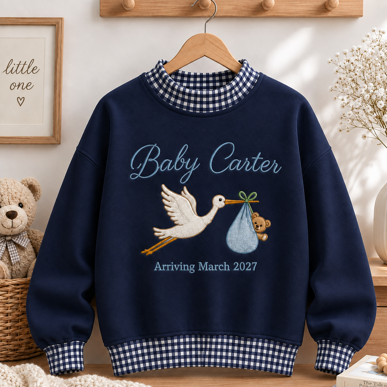 Personalized Baby Announcement Gingham Mockneck Sweatshirt