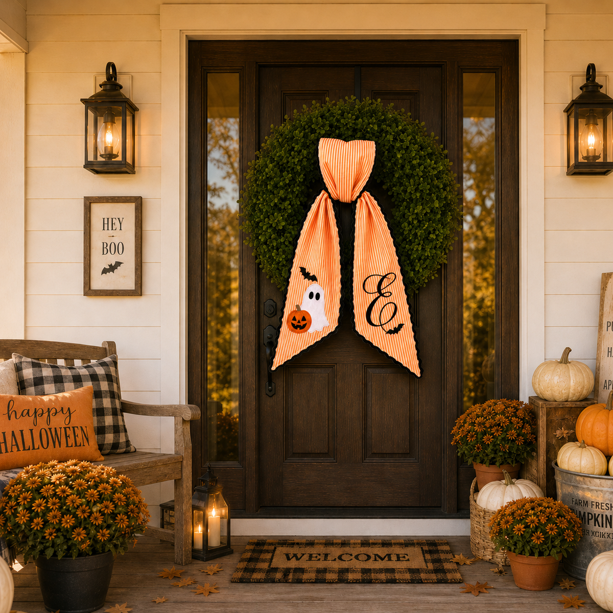 Personalized Halloween Ghost & Bat Embroidered Wreath Sash