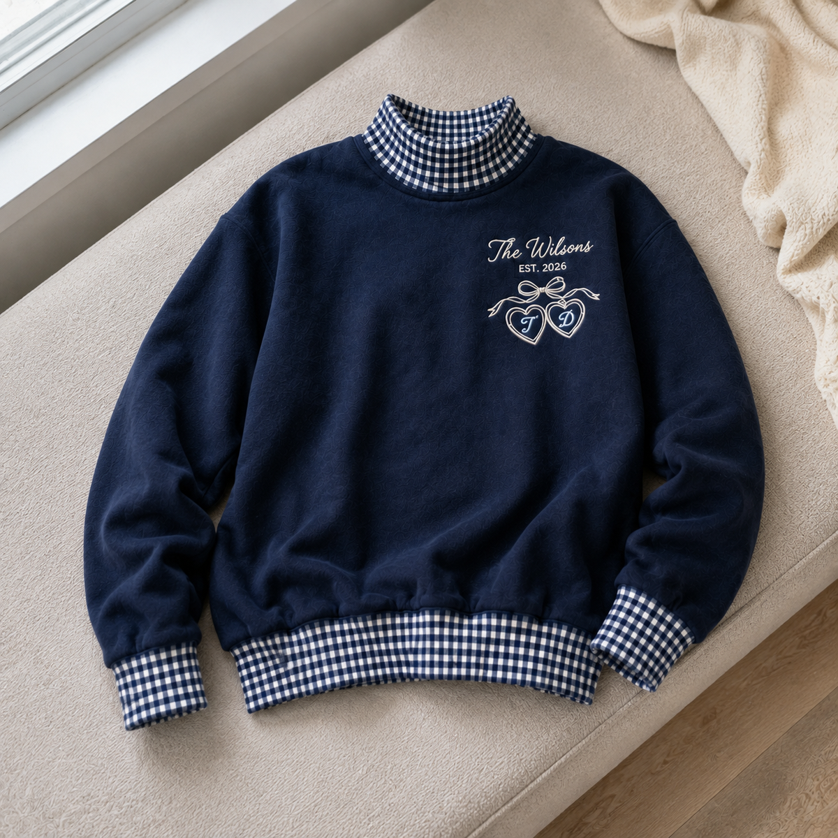 Sweet Personalized Gingham Sweatshirt for Newlyweds with Family Name