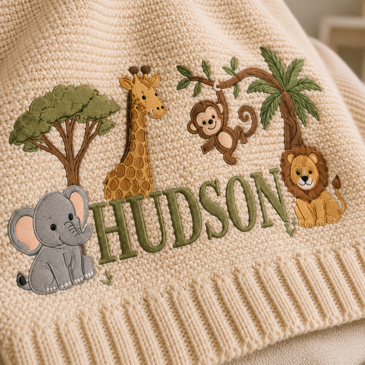 Personalized Safari Jungle Knit Baby Blanket with Embroidered Name