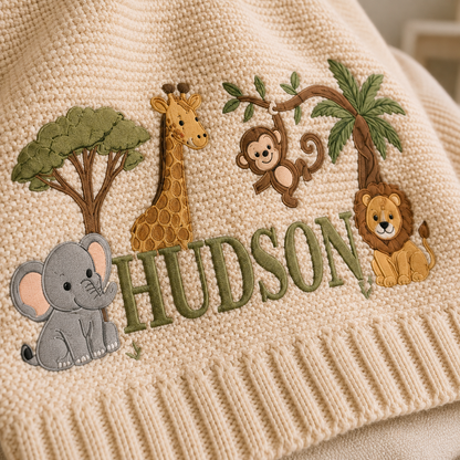 Personalized Safari Jungle Knit Baby Blanket with Embroidered Name
